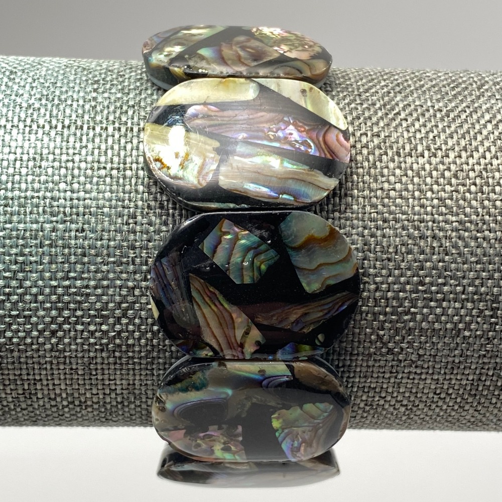 Vintage Stretch Bracelet Abalone Shell Inlay Mosaic Iridescent Black